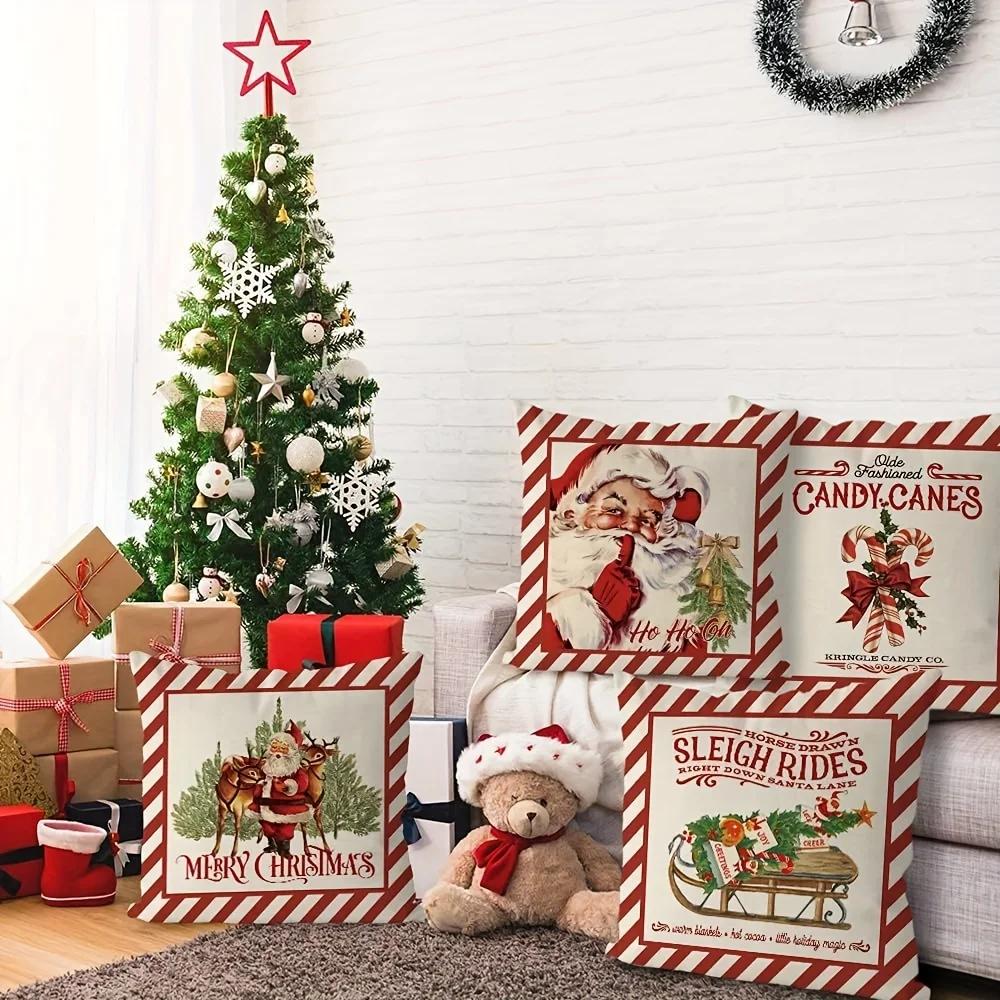 4Pcs Luxurious Linen Blend Christmas Santa Claus Reindeer Cane Sled Pillowcase Covers -Pillow Insert Not Included