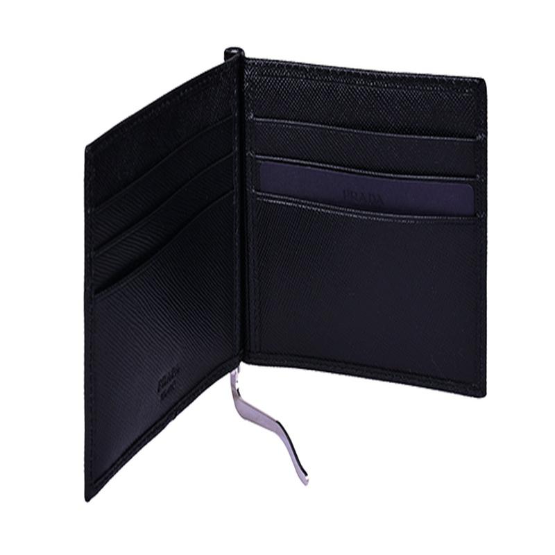 Prada Saffiano Short Half-fold Leather Wallet Wallet Unisex Couple Style Black