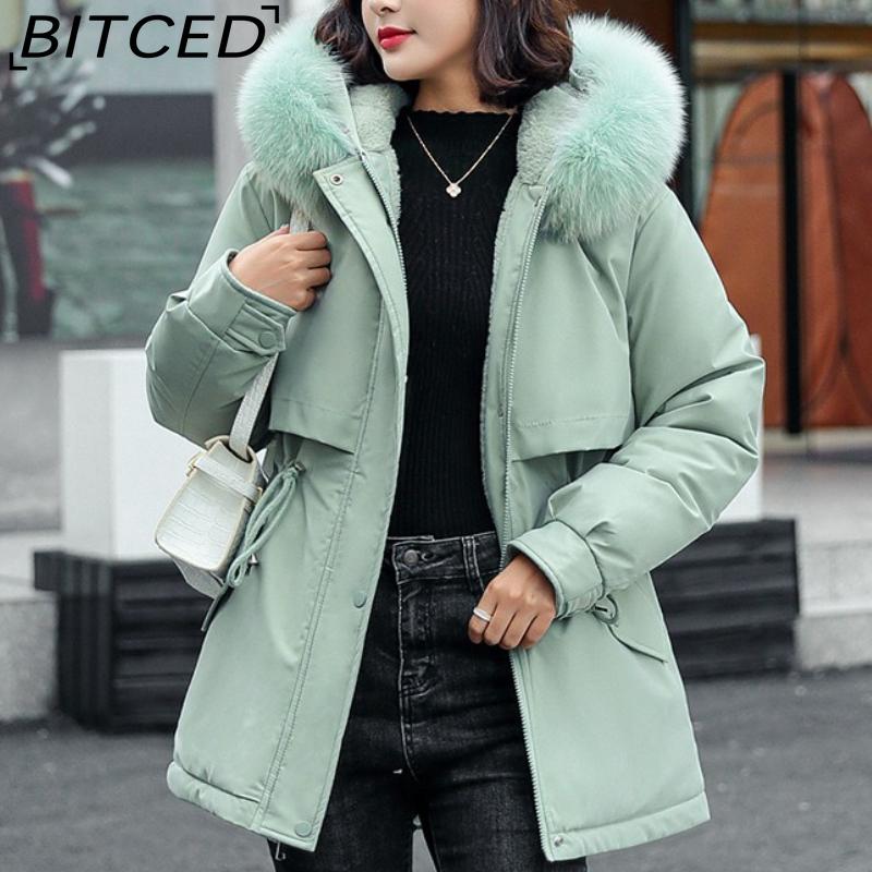 BITCED Women's Winter Mid-Length Cotton Coat with Fleece Lining, Large Fur Collar, Plus Size, Short Waist-Defining Jacket