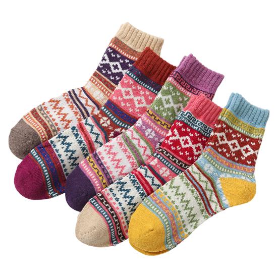 5 Pairs Winter Warm Crew Socks for Women Thick Mid-Calf Knitted Socks Retro Ethnic Style Socks for Christmas Gifts