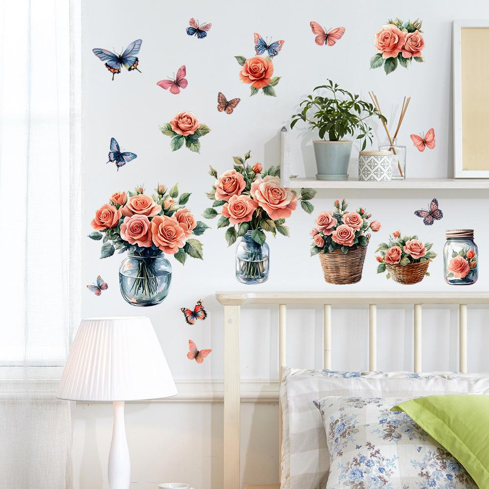 Painted Rose Vase Butterfly Bedroom Living Room Wardrobe Home Background Beautification Decoration Stickers