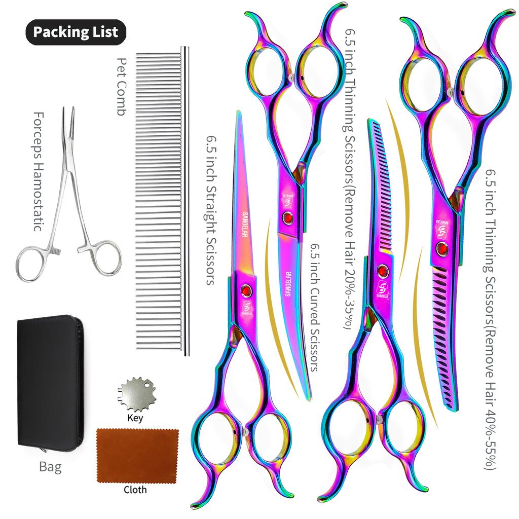 SANGELAR Профессиональный набор для ухода за домашними животными длиной 6,5 дюйма, прямые и изогнутые ножницы, 2 филировочных ножницы (20%-55%), Кровоостанавливающий зажим, расческа и премиум-кейс