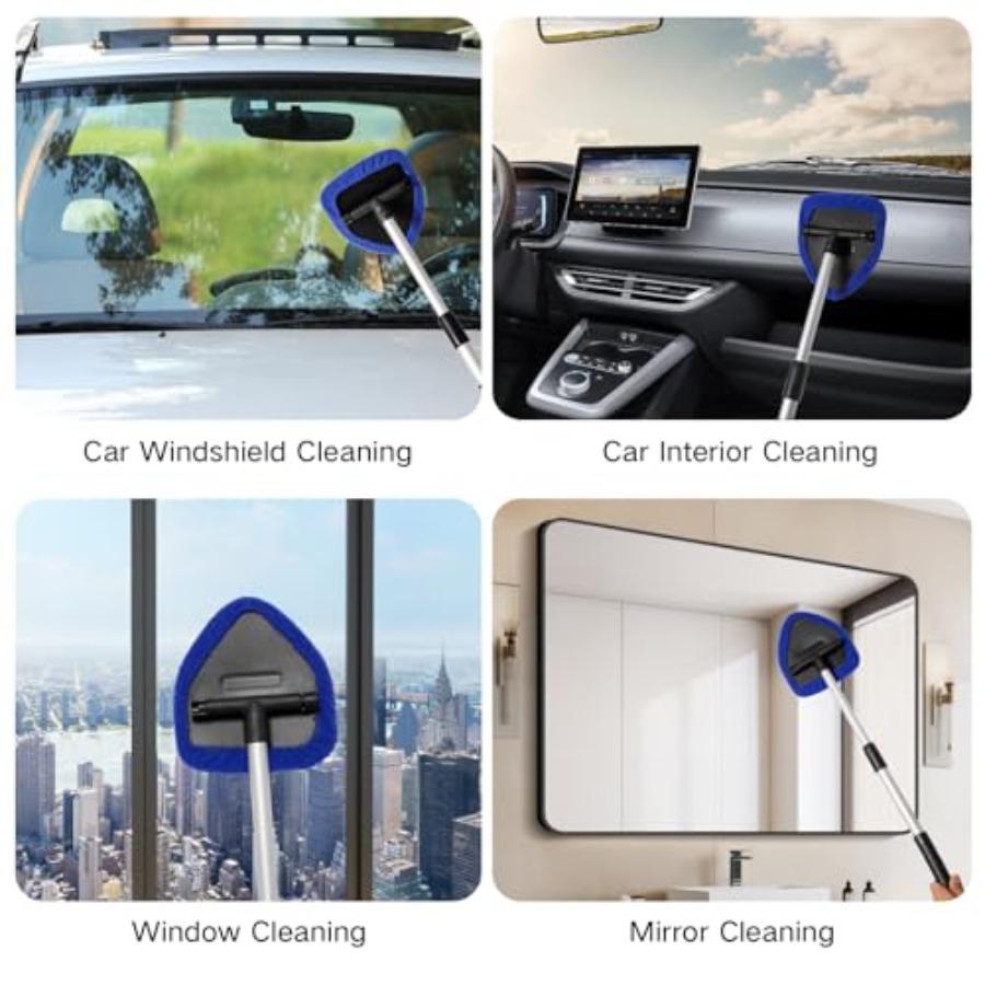 11pcs Windshield Cleaner Tool, Car Window Cleaning Wash Kit with 6 Reusable Microfiber Pads 2 Spray Bottles and Extendable Hand