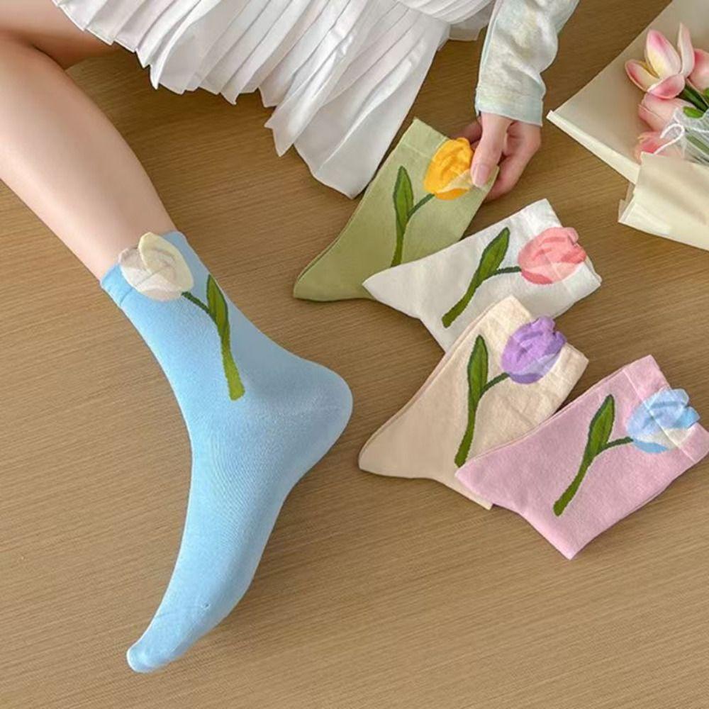 5Pairs Breathable Mid Tube Socks Thin Socks for Women Cute Tulip Flower Socks  Lady