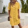 Women's Cotton Linen Dress Casual Button Down V-neck Dress with Pockets Summer Short Sleeve Beach Sundress