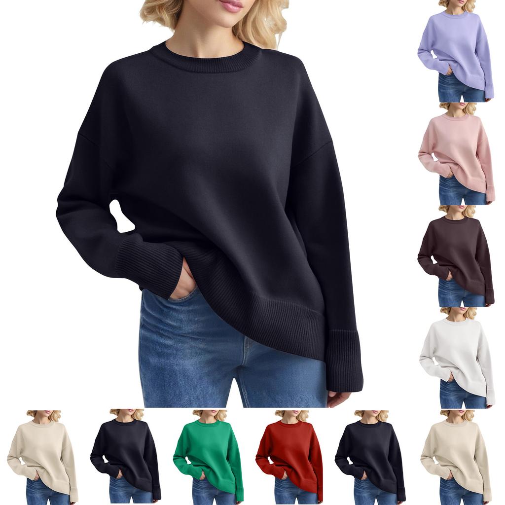 Women's Oversized Knit Sweater, Comfortable Top, Cute Thick Round Neck Plus Size Pullover Long Sleeve Clothing