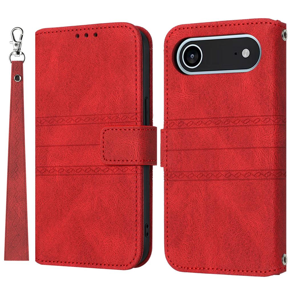 For iPhone 17 Air Case Wallet Skin-Touch Leather Imprinted Phone Cover with Wrist Strap