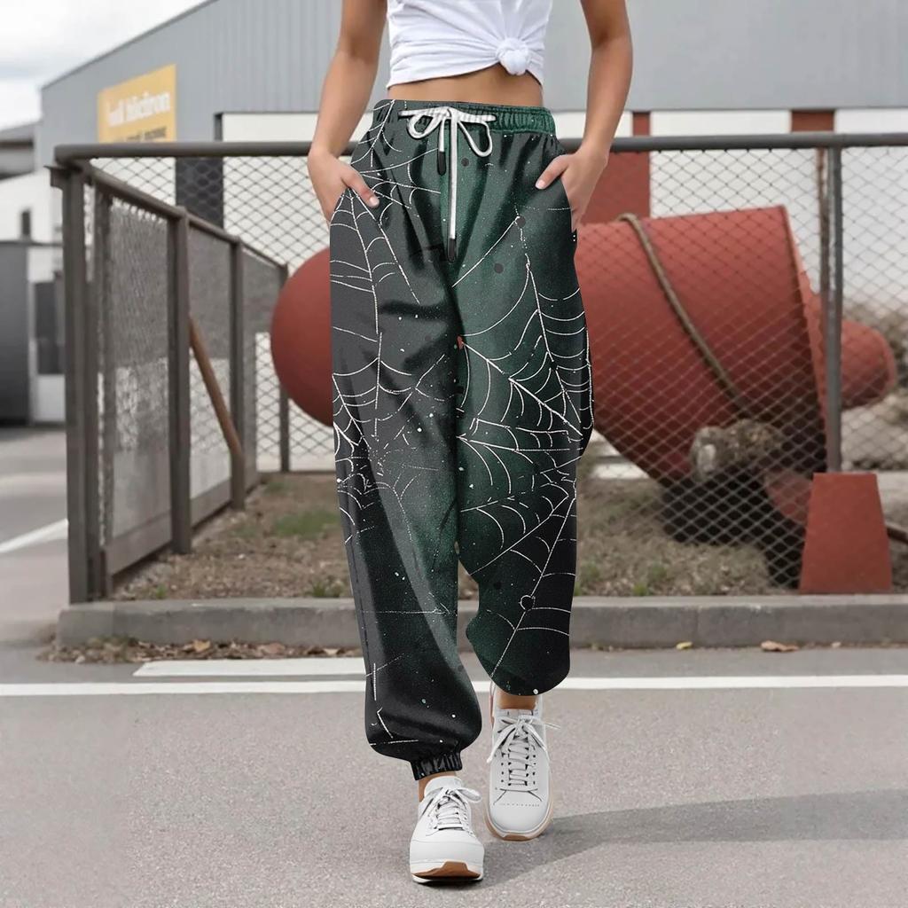 Женские повседневные модные брюки для отдыха с принтом на Хэллоуин, спортивные штаны, брюки с эластичной резинкой на талии, брюки со шнурком