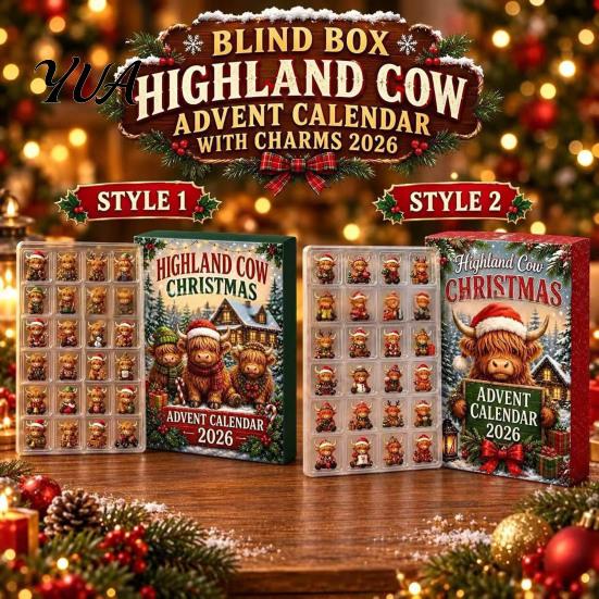 Holiday Party Game Toys 2026 Highland Cow Christmas Advent Calendar, 24-Day Acrylic Countdown Ornament Set with Eve Box Mini Figures, Tree
