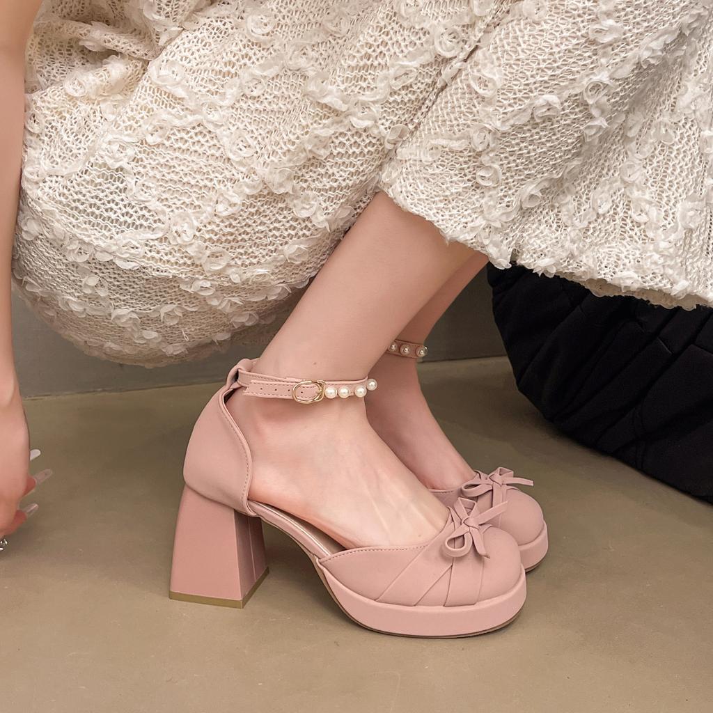 French Sandals Spring 2025 New Popular New Chinese Bow High Heels Temperament Leather Shoes Fairy Single Shoes Woman