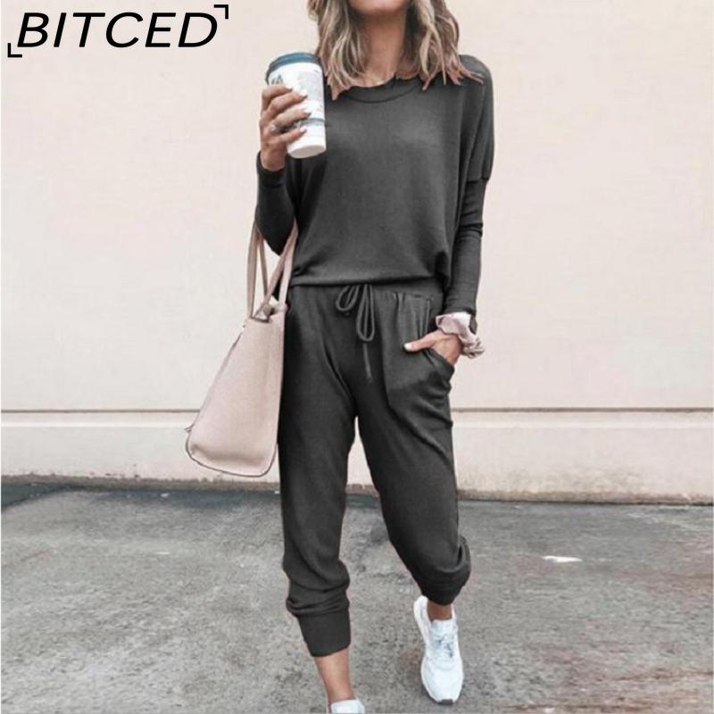 BITCED Весенне-осенний женский свободный однотонный повседневный костюм с длинными рукавами и длинными брюками