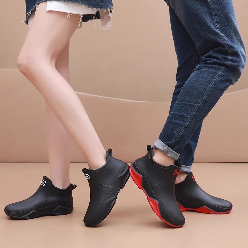 Rain shoes female adult fashion outer wear short tube couple rain boots warm flat waterproof kitchen work car wash rubber shoes male