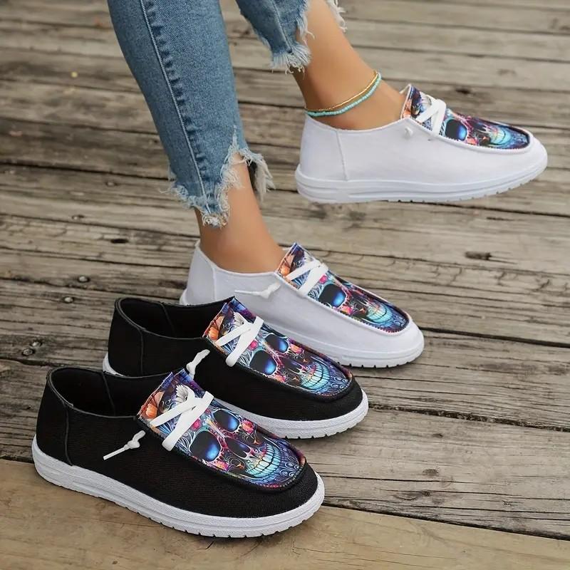 Женские парусиновые туфли с рисунком черепа, легкие прогулочные туфли с мягкой подошвой, туфли на Хэллоуин с круглым носком