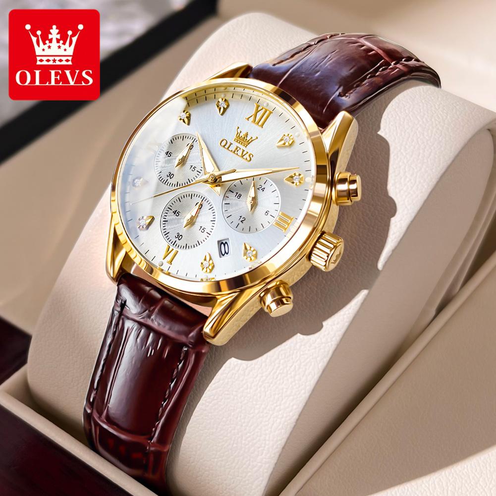OLEVS Quartz Women's Watch Multifunctional Chronograph Waterproof Luminous Leather Strap Waterproof Luxury Elegant Ladies Watch