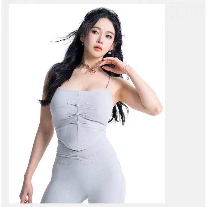 Womens Yoga Set With Built-in Bra Pad Quick-Dry Tank Top High-Waisted Flared Split Leggings 2-Piece Sportswear