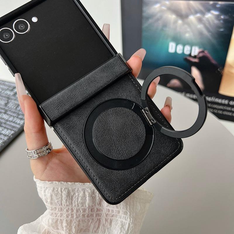 Для Samsung Galaxy Z Flip 8 7 FE 6 5 4 3 Flip7 Flip6 Flip5 Защита шарнира Магнитный чехол 360 Вращающийся держатель-кольцо Кожаный чехол