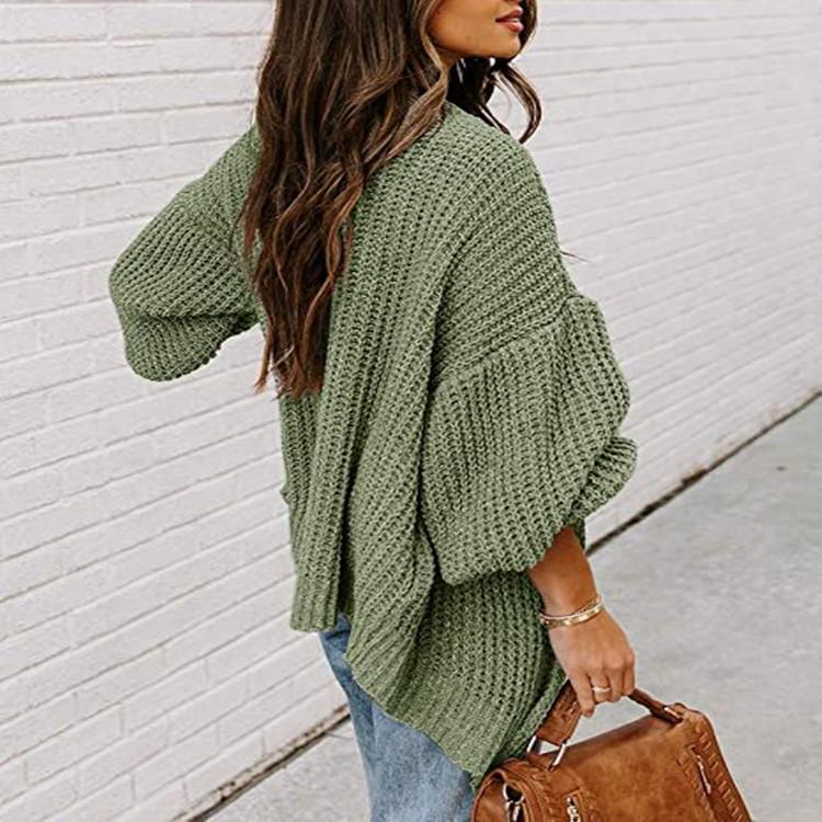 2025 Women's Plus Size Loose Knitwear Cardigan with Lantern Sleeves - Solid Color European and American Style Sweater.