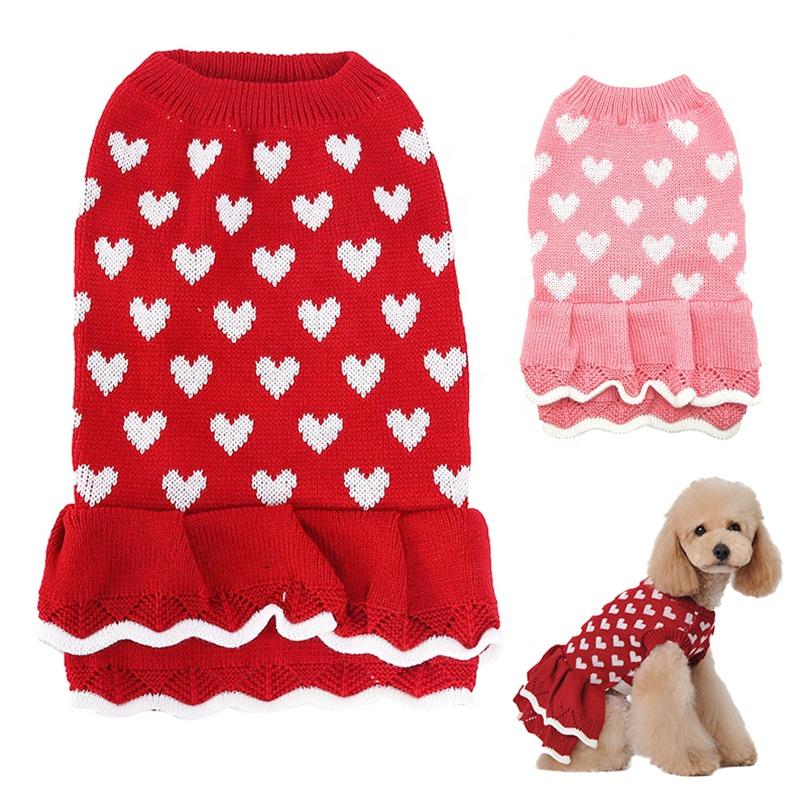 Cute Knit Dog Sweater Dress Dot Pattern Princess Style Pet Skirt Small Dogs Cozy Winter Clothing Ruffle Hem Chinese New Year
