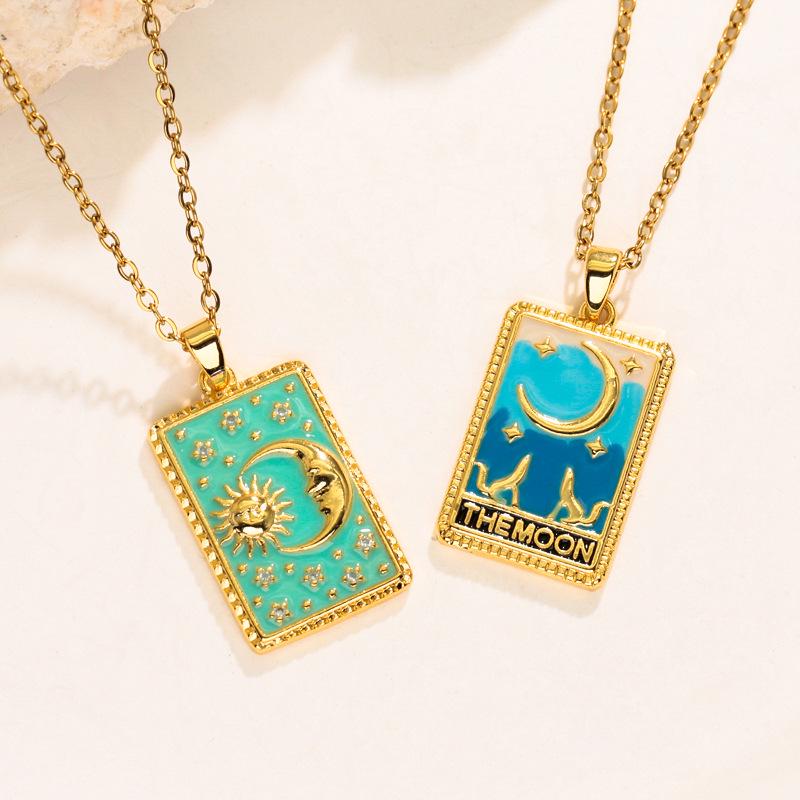 Retro Boyfriend Style Square Tarot Card Pendant Necklace with Zircon Clavicle Chain