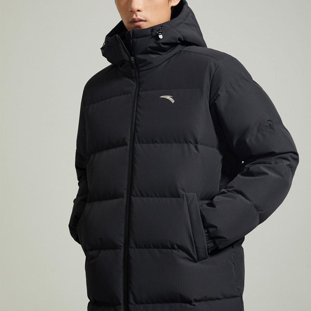 Anta FW22 Сплошной цвет с принтом логотипа, длинный пуховик на молнии с капюшоном, мужская верхняя одежда, черный 952247976-2