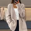 2024 Women's Autumn/Winter Solid Color Knitted Cardigan with Pockets and Lace-Up Design