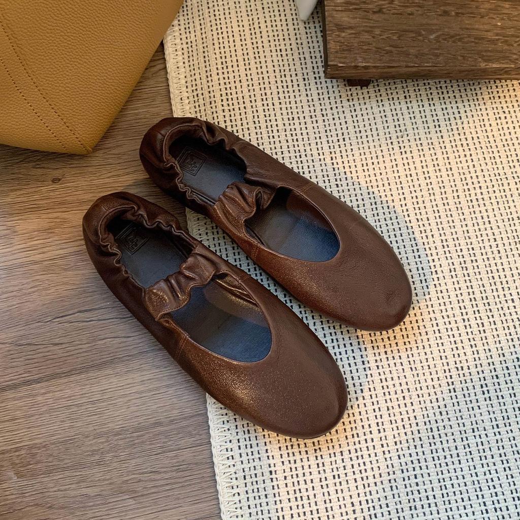 Sheepskin Version~ Mary Jane Shoes Women's New French Ballet Shoes Women's Flat-bottomed Pleated Retro Versatile Light Mouth Single Shoes