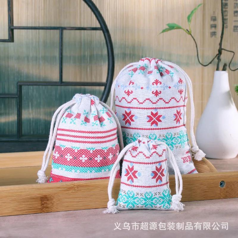 10 шт./лот Льняный мешочек на завязках Милый узор Печать DIY Свадебный мешок для хранения конфет Дорожный мешок для косметики Тканевый мешок для хранения обуви и мелочей