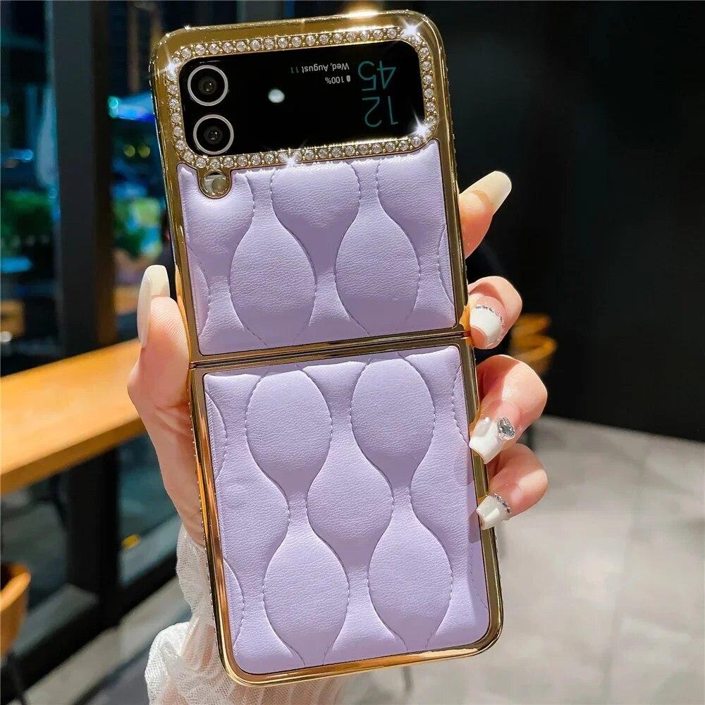 Роскошный чехол с золотым блеском и бриллиантами для Samsung Z Flip 3 Flip 5, мягкий кожаный чехол в полоску в клетку для Samsung Galaxy Z Flip 4