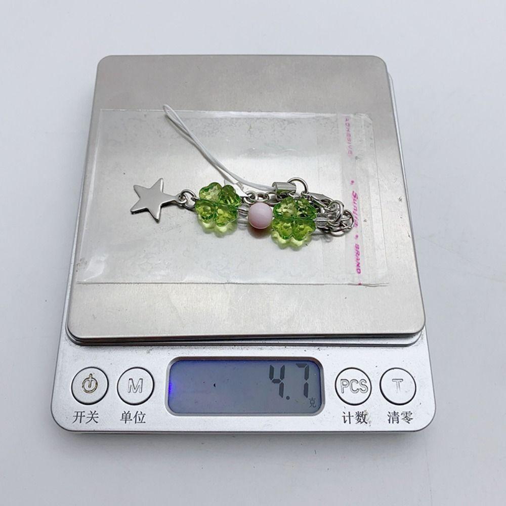 Green Lucky Grass Phone Charms Summer Grass Keychain Four-leaf Clover Beaded Keychain Gifts