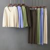 Women Spring Autumn Solid Color V Neck Ice Silk Pant Suits Relaxed High Waist Sweater Two Piece Set