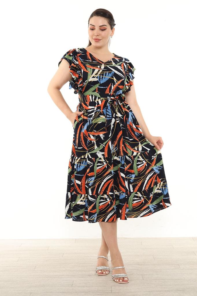 Женское платье большого размера, длинное вискозное платье с воланами, рукавами и круглым вырезом, поясом и цветочным узором