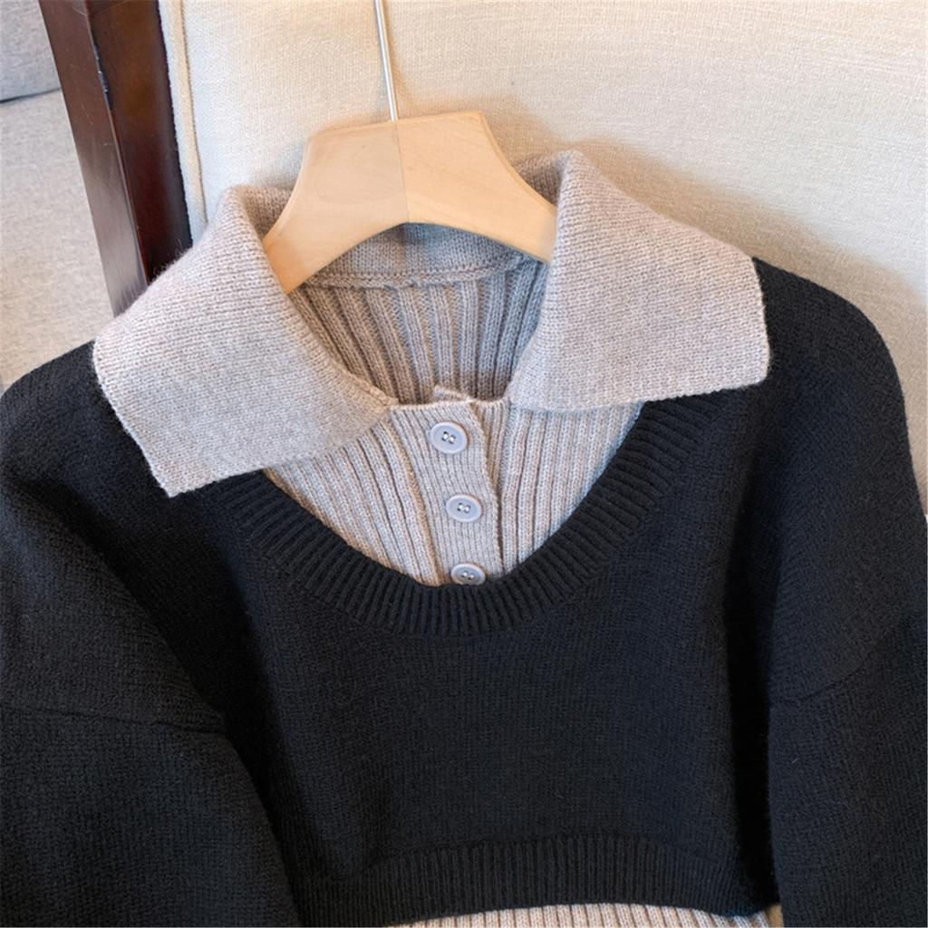 Японский ленивый двухсекционный свитер для женщин, новый осенний, замедляющий старение, укороченный трикотажный топ с воротником-поло из иностранного материала