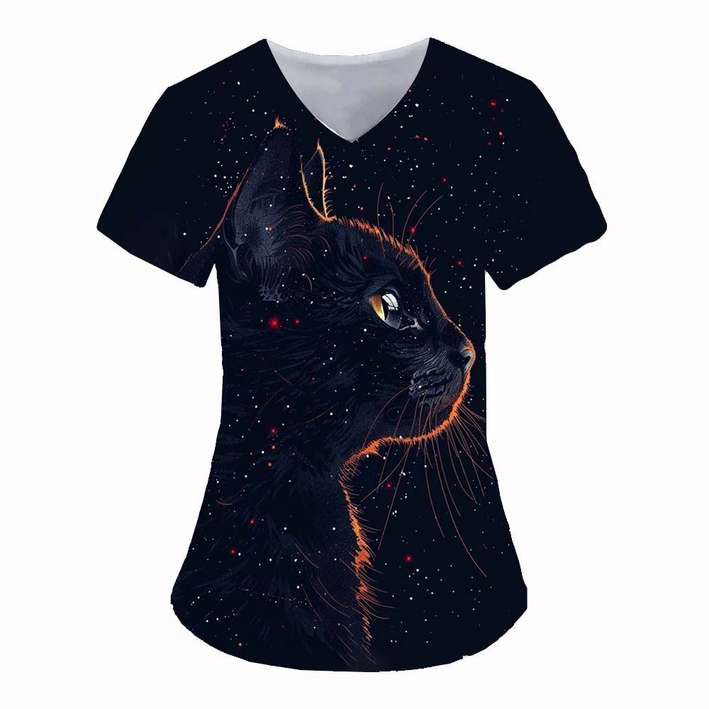 Medical Uniform for Women Cute Cat 3D Print V-Neck Clinical Uniform Short Sleeve Patch Pocket Tops Surgical Women's Uniforms