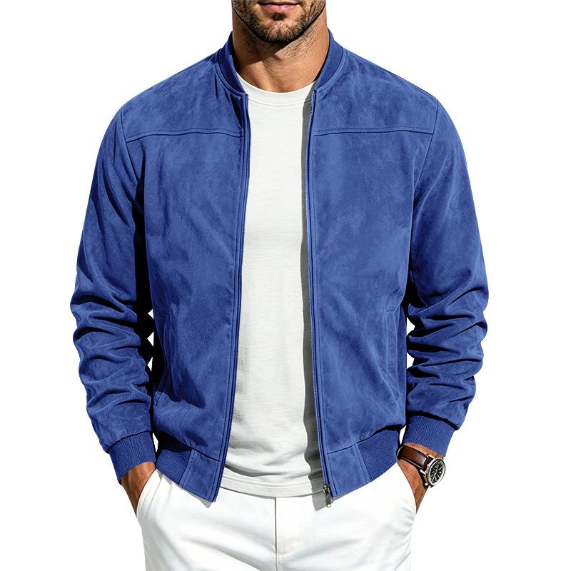 Men Suede Zip Up Jacket Long Sleeve Stand Collar Solid Color Casual Punk Style