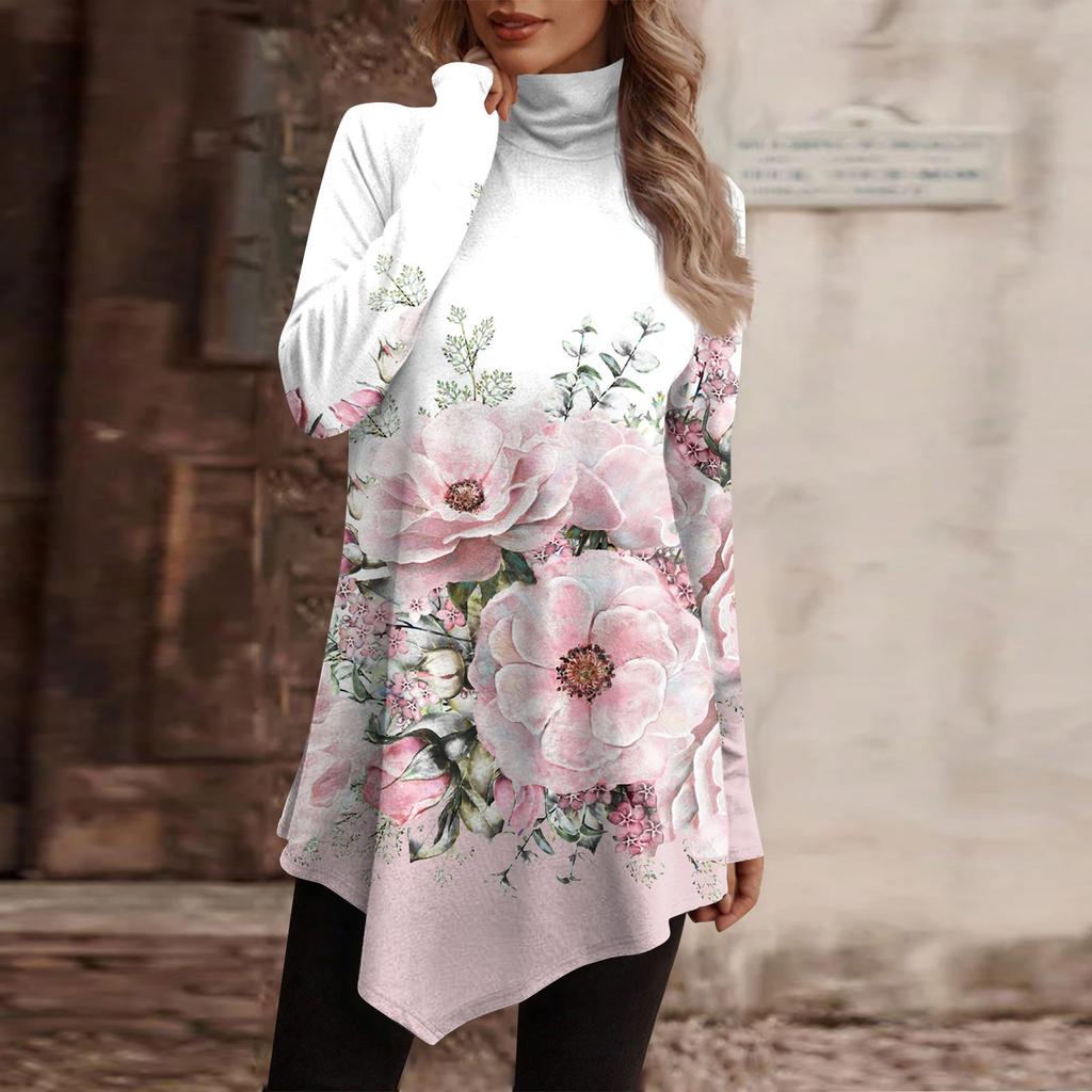 Casual Fashion Floral Print Shirt Tops High Neck Irregular Hem Long Sleeve Pullover Tops