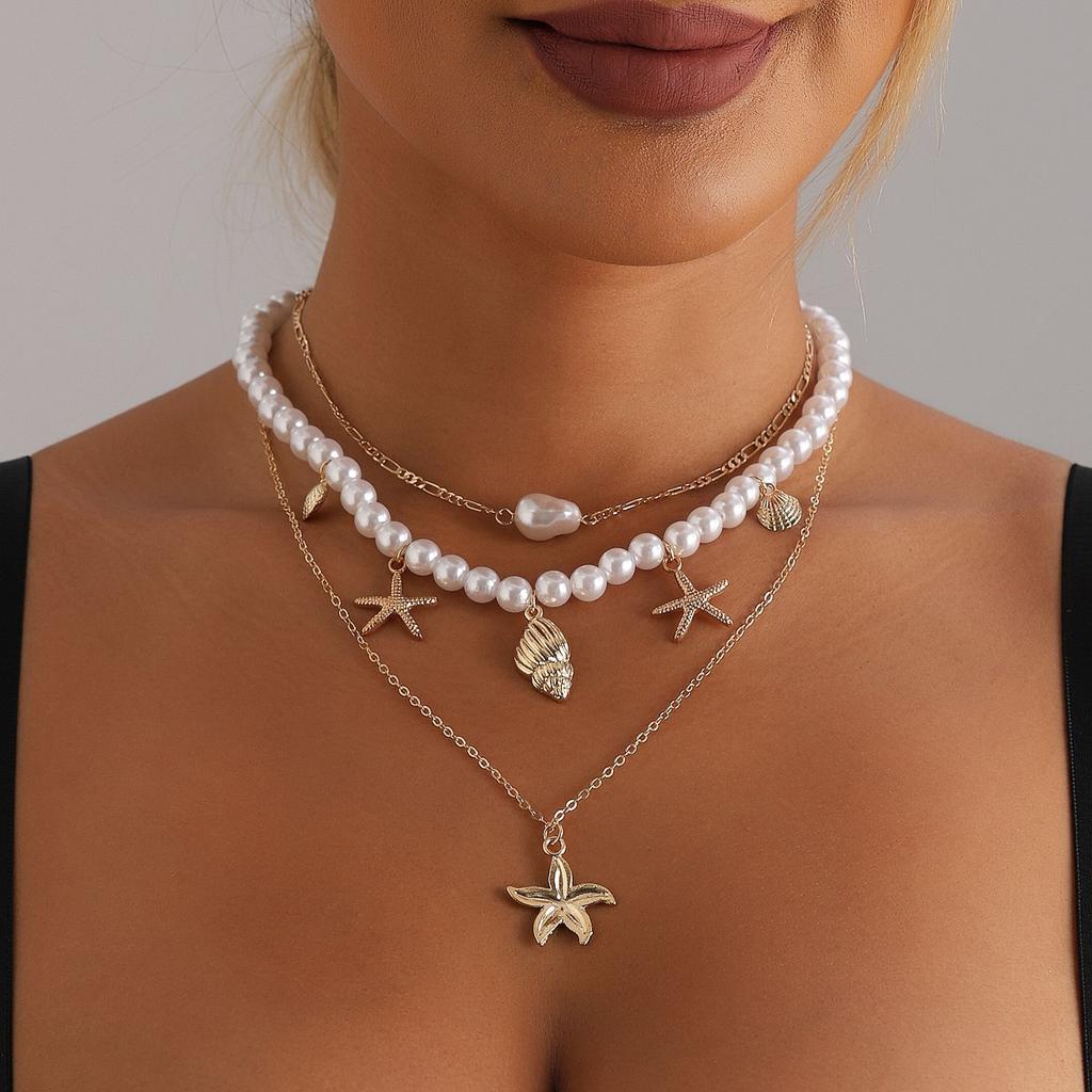 Аксессуары Богемное Пляжное Ожерелье из Бусин Жемчуг Морская Звезда Ракушка Винтажное Праздничное Ожерелье