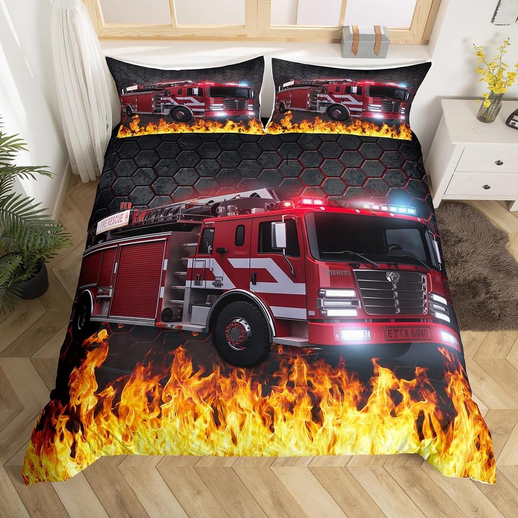 Fire Truck Bedding SetBurning Flames Duvet Cover for Kids Fire Engine Comforter Cover Red Truck Quilt Cover with 2 Pillowcases