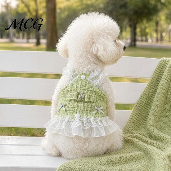 Dog Dress No Harness Needed Sleeveless Tweed Dress, Ruffled Pet with Lace Breathable Mesh Apparel Trim, Cute Summer for Small Dogs