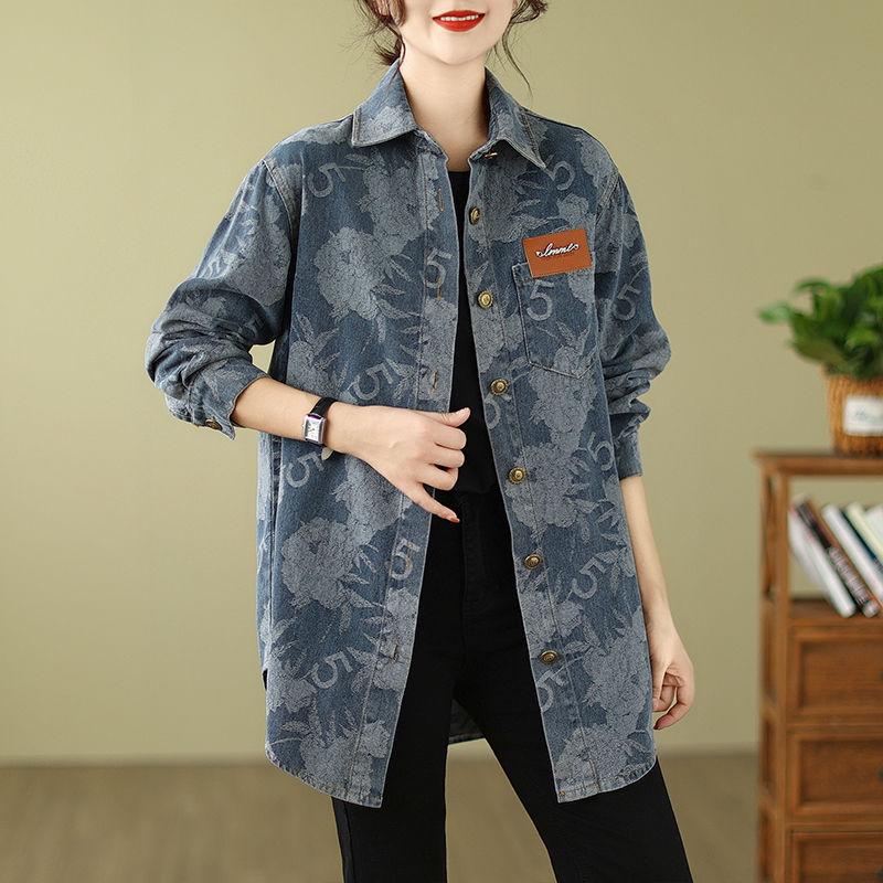 Винтажная джинсовая куртка с цветочным принтом для женщин, ретро-ковбойская рубашка большого размера