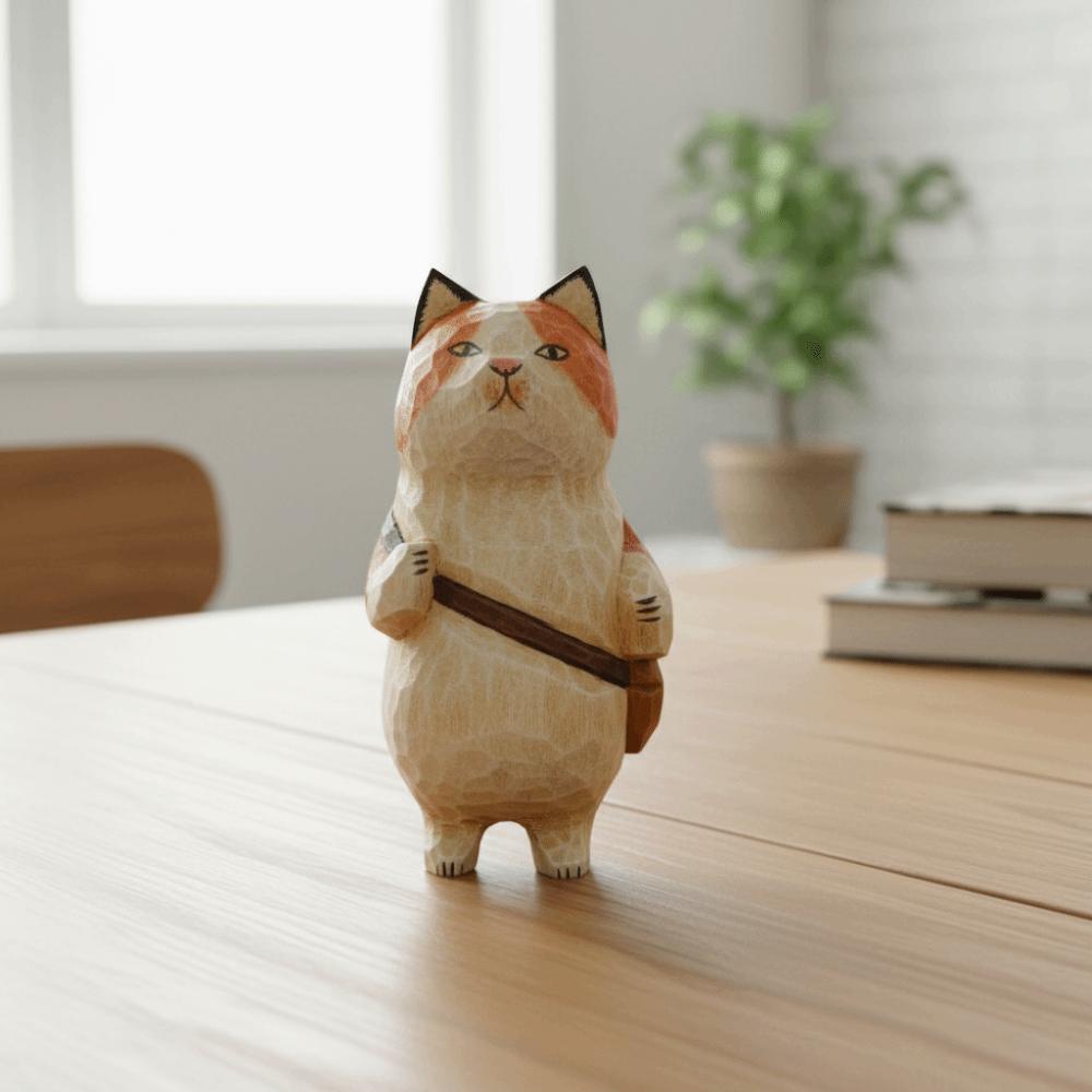 Cartoon Wood Carving Cat Ornament Handmade Hand Engraving Cat Decorations Gift Giving