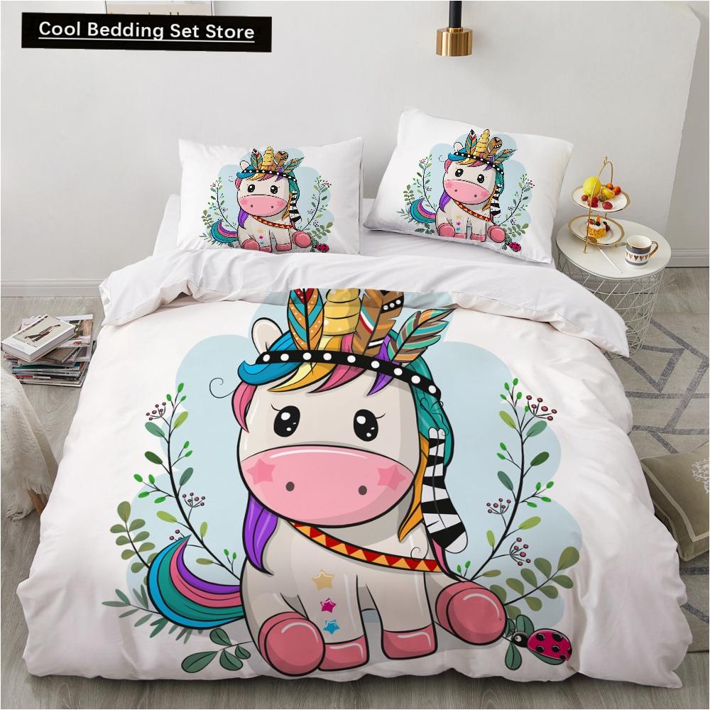 Детский детский розовый комплект постельного белья Queen King Cartoon Unicorn Белый пододеяльник Twin Полный цветной 2/3 шт полиэстеровый пододеяльник