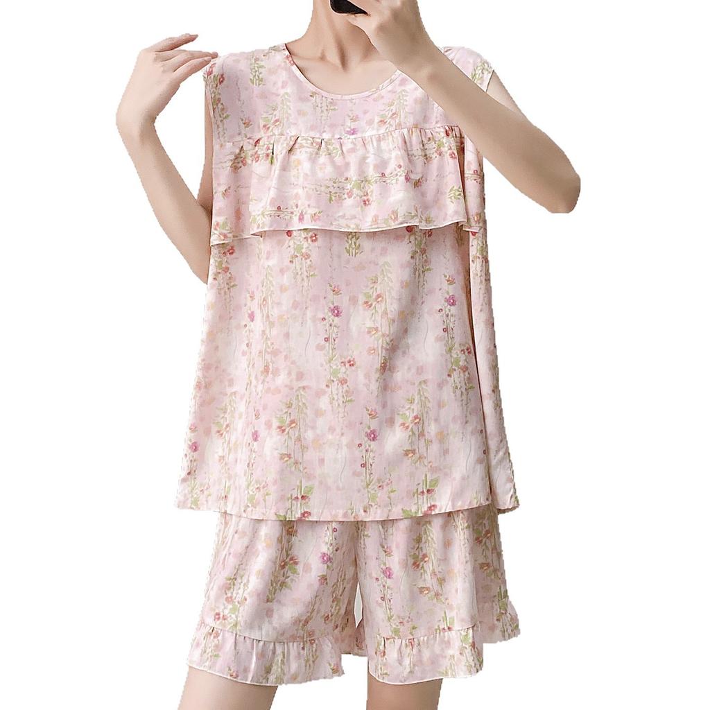 Anti-bumping pajamas women's summer vest shorts set cotton and silk loungewear can be worn outside loose large size sweet and cute