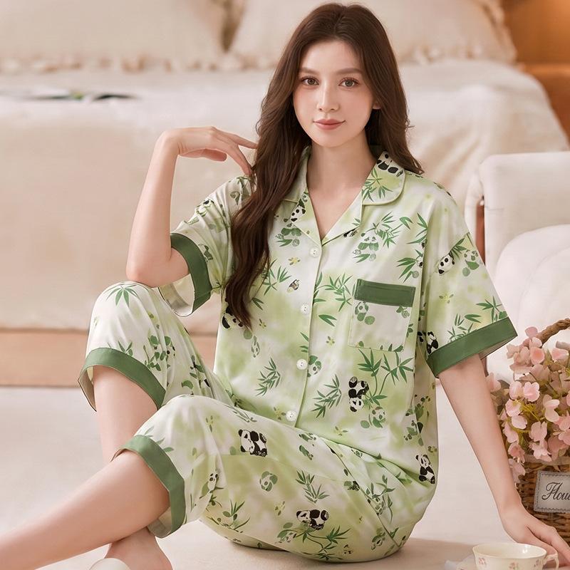 ins peach pajamas women's summer new imitation cotton short-sleeved cropped pants middle-aged mother's loungewear