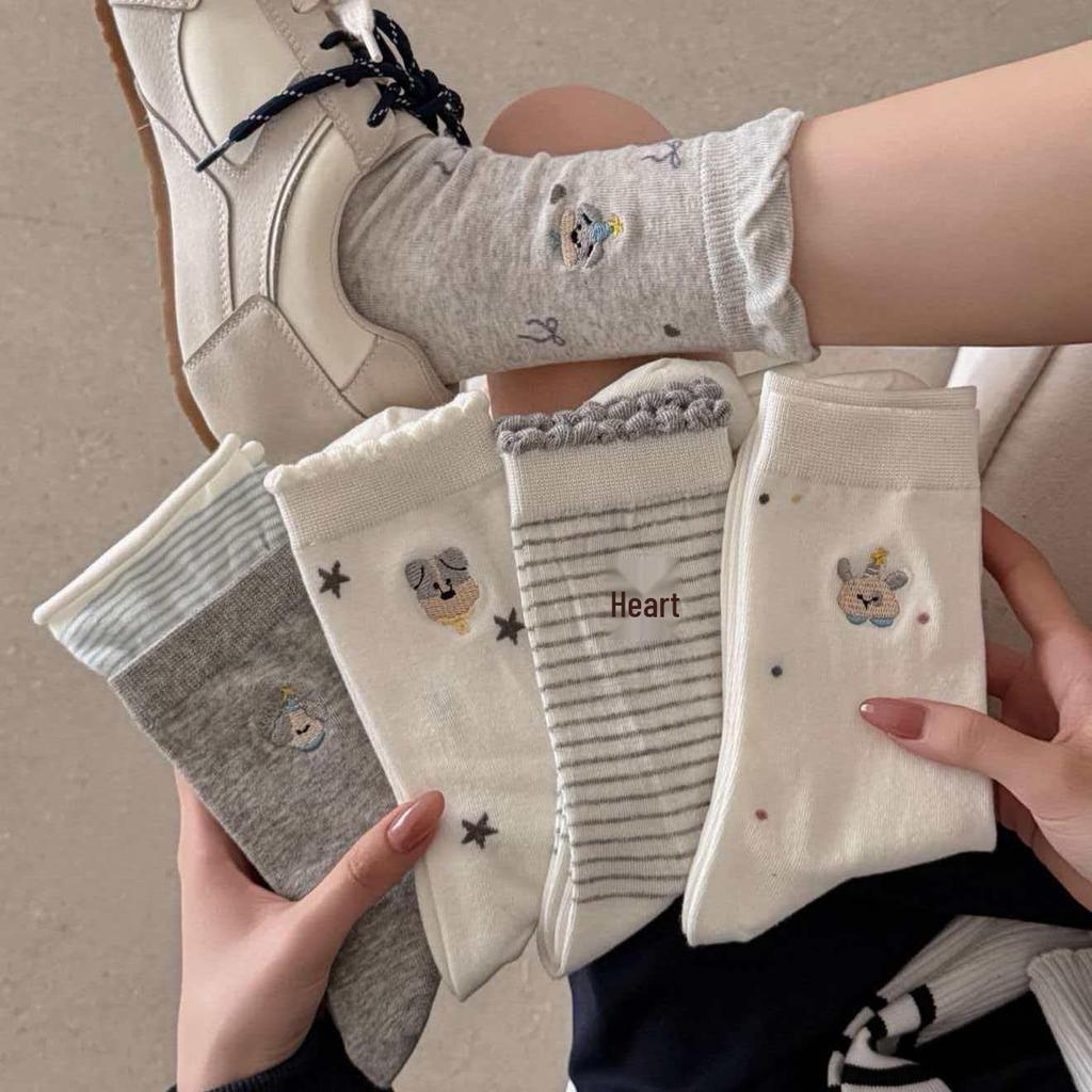 Spring Style White and Gray Women's Cotton Socks with Cartoon Puppy Embroidery, Mid-Calf Slouch Design, Korean-Inspired.