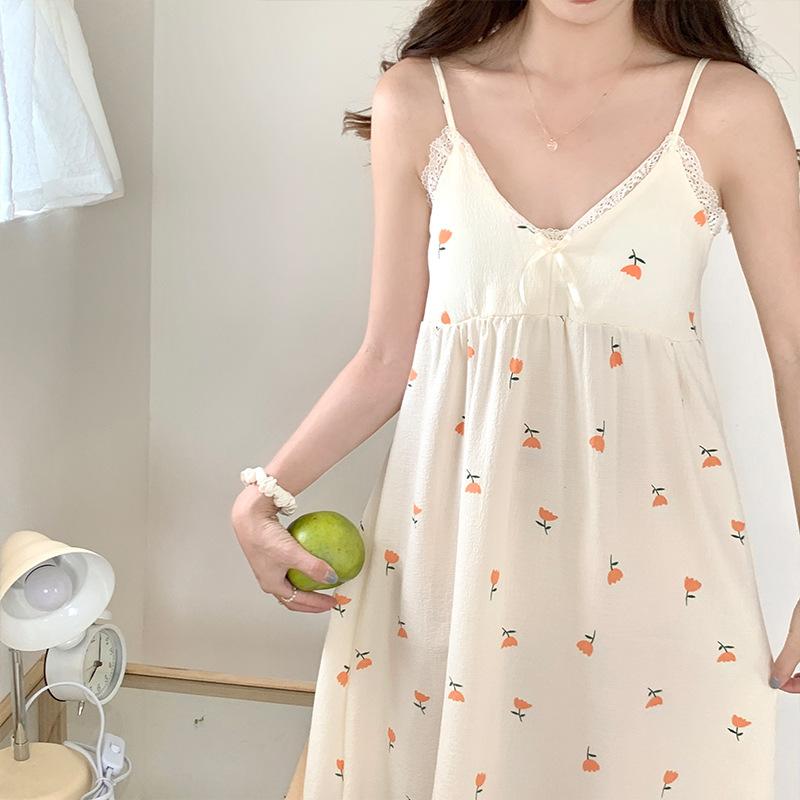 Floral Suspender Nightdress Female Sweet And Cute Summer Thin Girl Bubble Wrinkled Pajamas Princess Loungewear