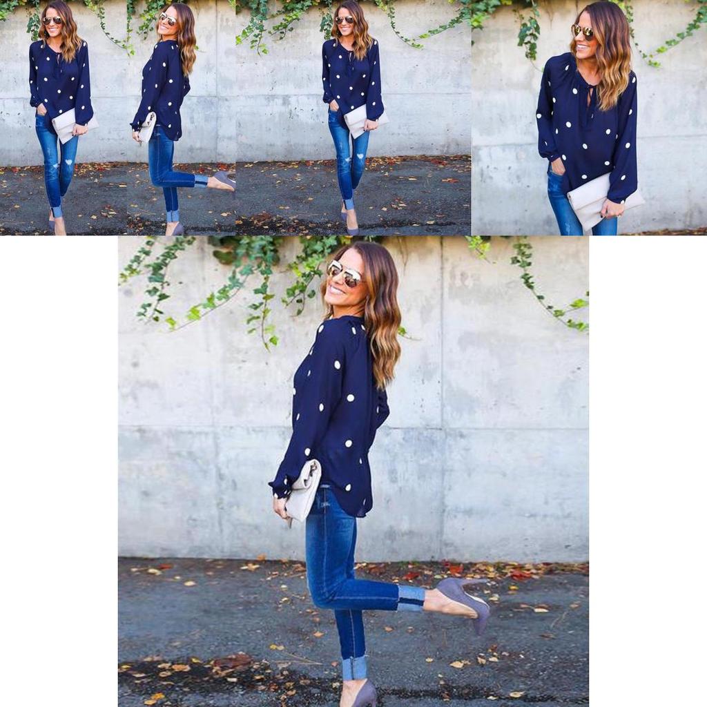 Premium Quality Woman O Neck Long Sleeve Casual Polka Dot Blue Blouse For Everyday Comfort