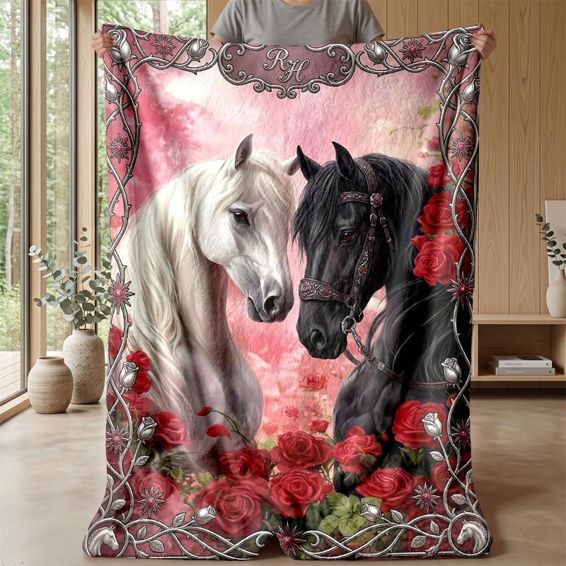 Horses in Ornate Frame Theme blanket Lightweight Warm Flannel Blanket Decorative Throw Blanket for Home Decoration