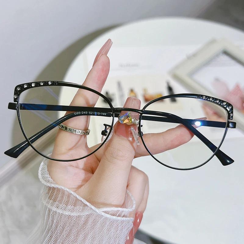 Fashion New Cat Eye Diamond Metal Women's Glasses Anti Blue Light Glasses with Rhinestone Metal Frame Transparent Computer Flat Glasses