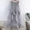 Women Cake Skirt Mid-rise Elastic Waist Irregular Hem Midi Skirt Solid Color Mesh Swing Long Skirt Daily Wear
