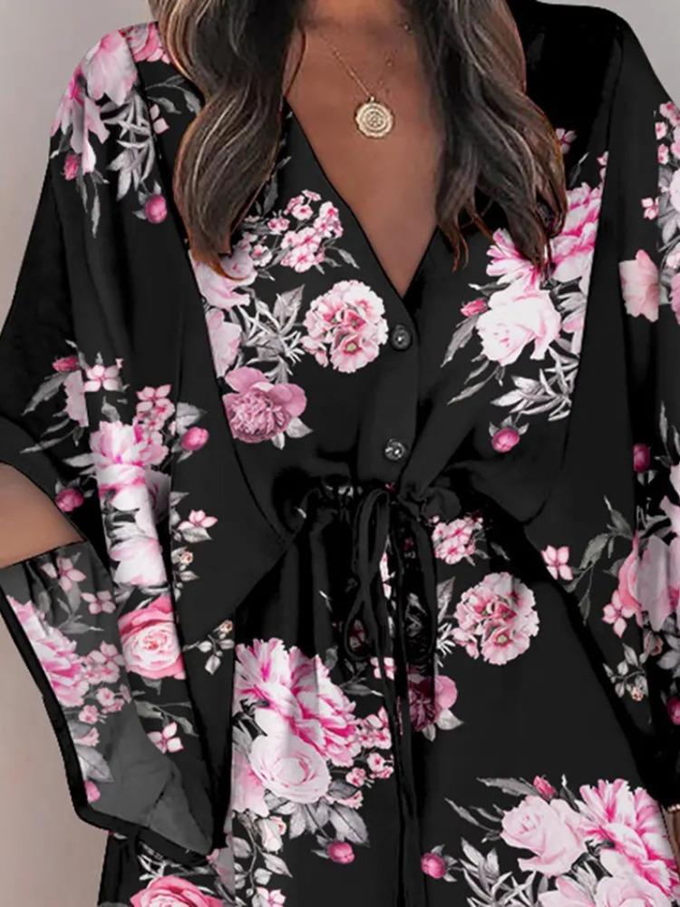 Летнее мини-платье женское с принтом, рукавами «летучая мышь», на шнуровке, с v-образным вырезом, свободные платья на пуговицах, женское пляжное вечернее платье